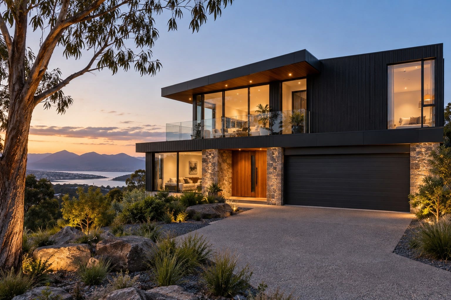 A two-storey home with a glass balustrade, timber entry door and stone-clad garage at sunset