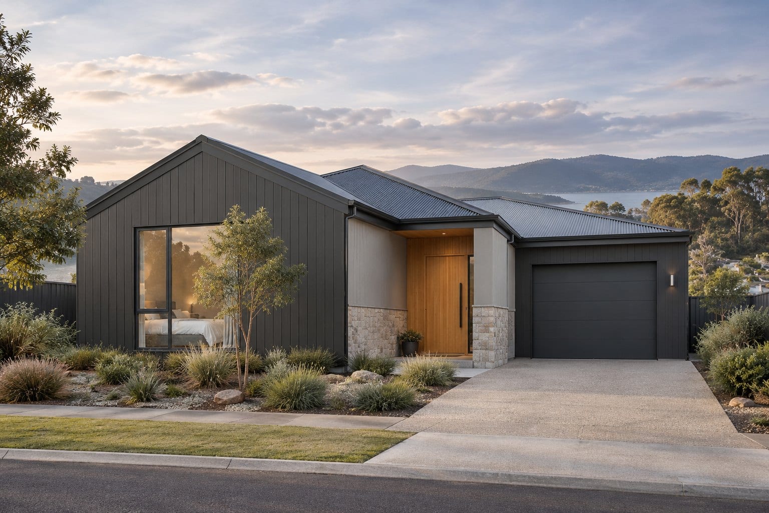 The Huon, a single-storey home with dark vertical cladding, a gabled wing, timber entry door and stone base