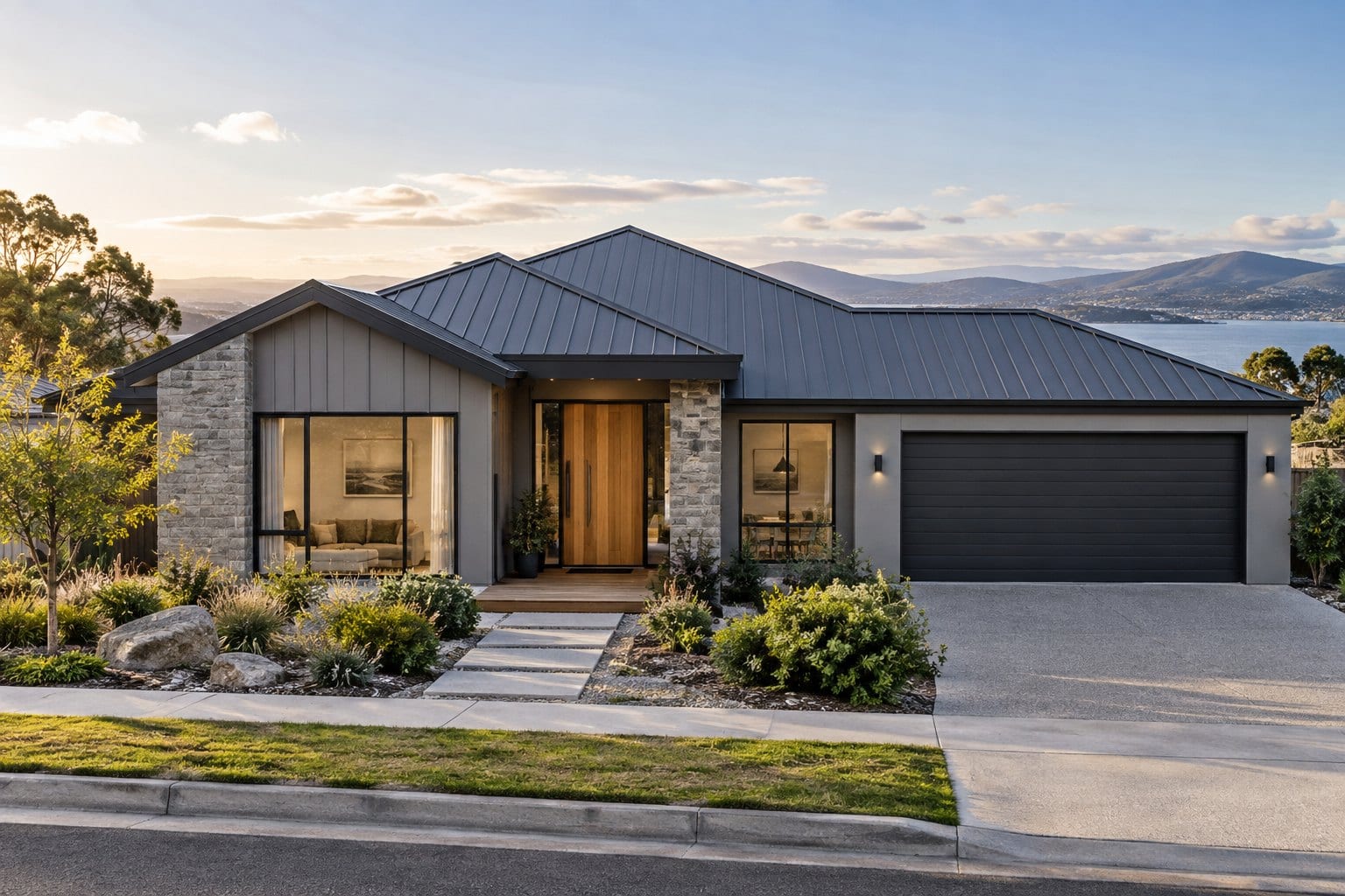 A single-storey home with a metal hip roof, timber entry door and double garage overlooking the water
