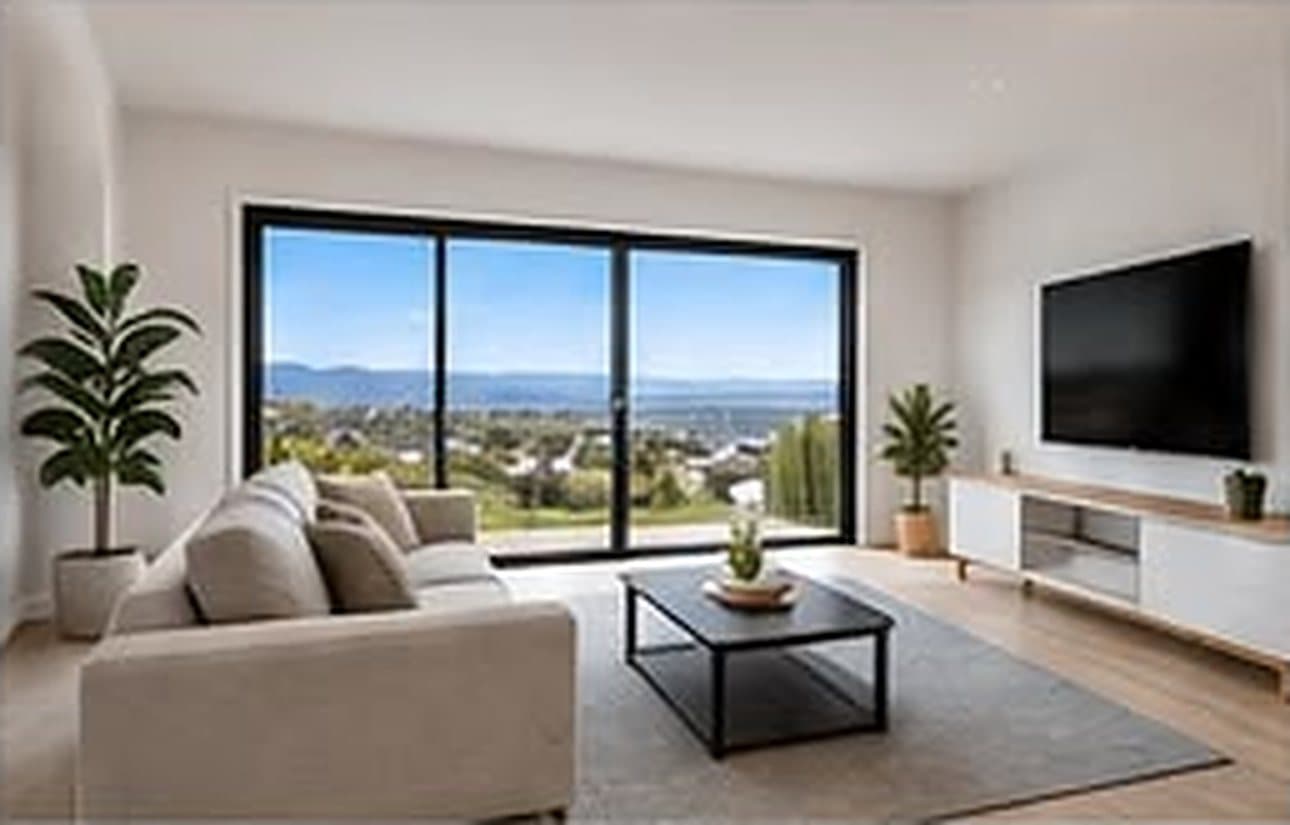 Bright living room with a large window framing the outlook