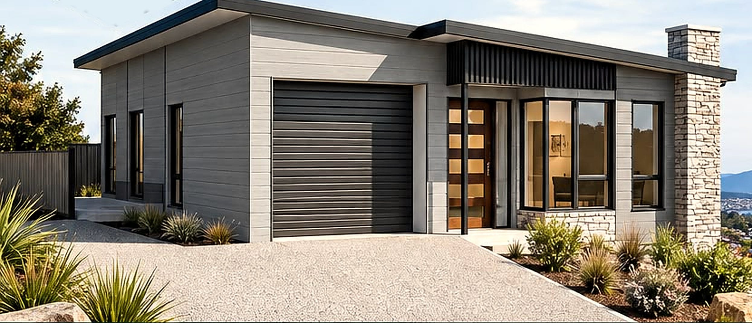 Modern single-storey home at Lot 2 Rockingham Drive, Rokeby with grey cladding, stone chimney and native plantings