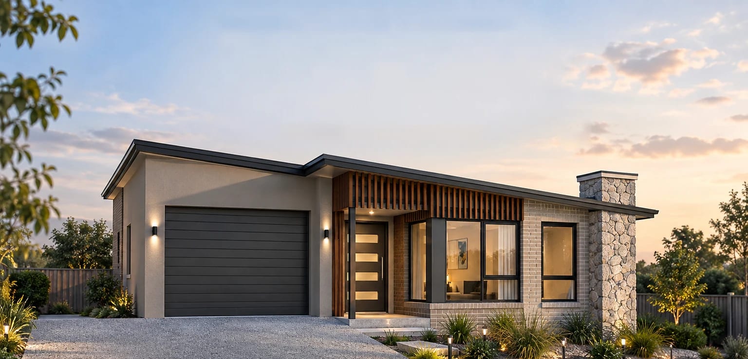 Proposed single-storey home at Lot 2 Rockingham Drive, Rokeby, with a stone chimney and timber battens at dusk